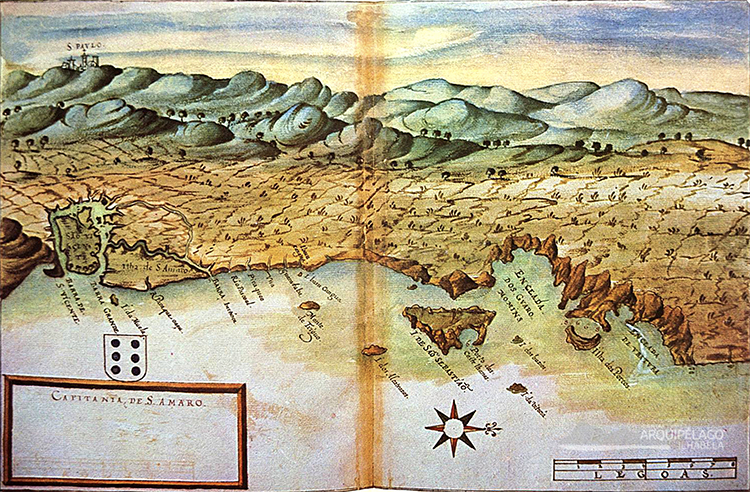 Mapa antigo da costa paulista com destaque para Ilhabela