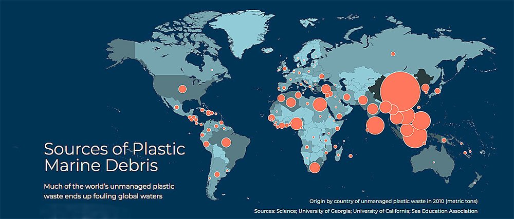 mapa mundi mostra países que despejam plástico no mar