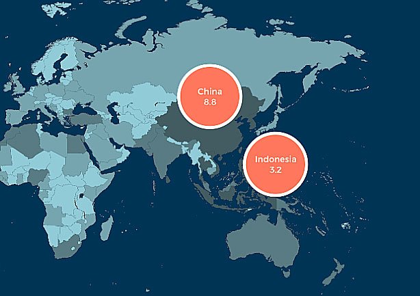 mapa da Aliança para o Fim dos Resíduos Plásticos mostra descarte de plástico na China e Indonésia