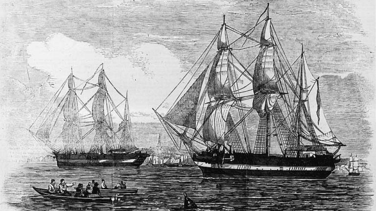 gravura dos dois navios de Franklin na procura da passagem do noroeste