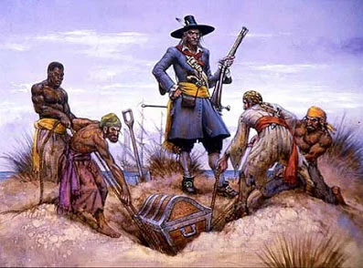 gravura do capitão Kidd enterrando tesouro na ilha de Trindade
