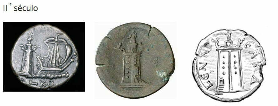 imagem de 3 moedas antigas cunhadas com a imagem do farol de alexandria