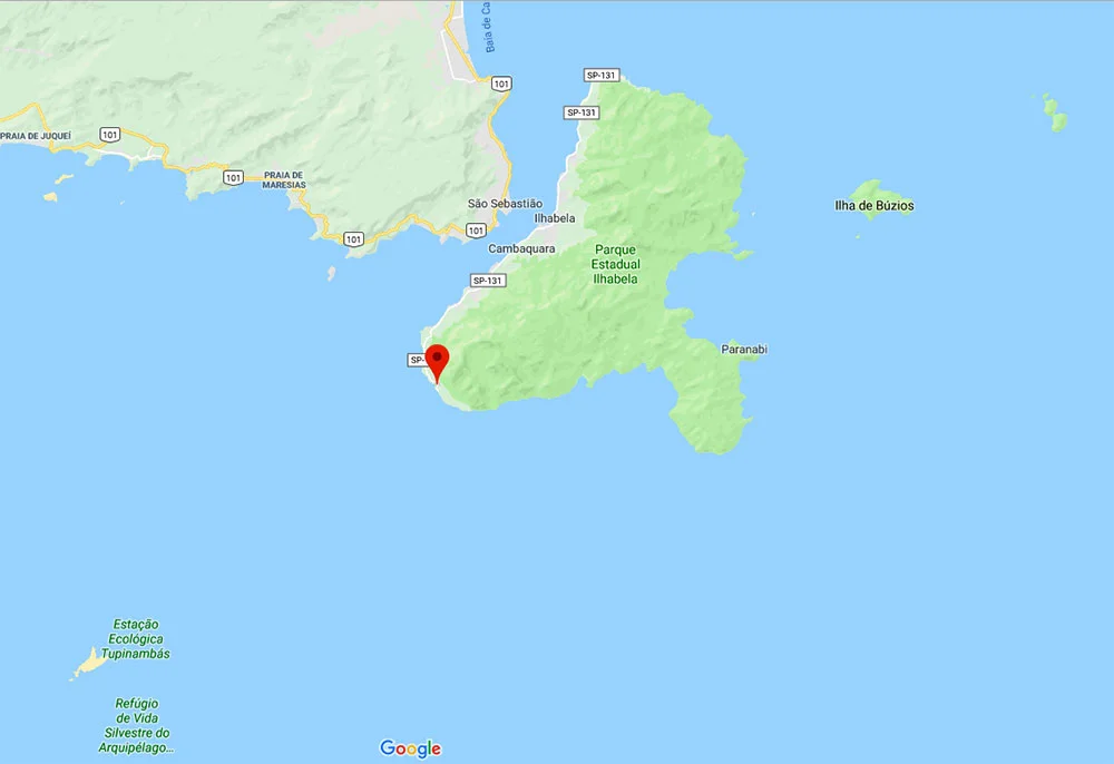 mapa da região de Borrifos, em Ilhabela