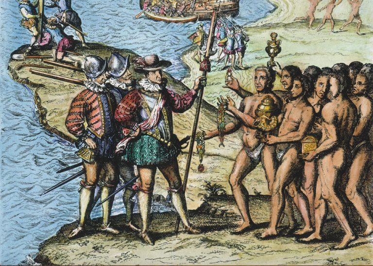 imagem de gravura antiga alusiva à chegada de Cristóvão Colombo na América