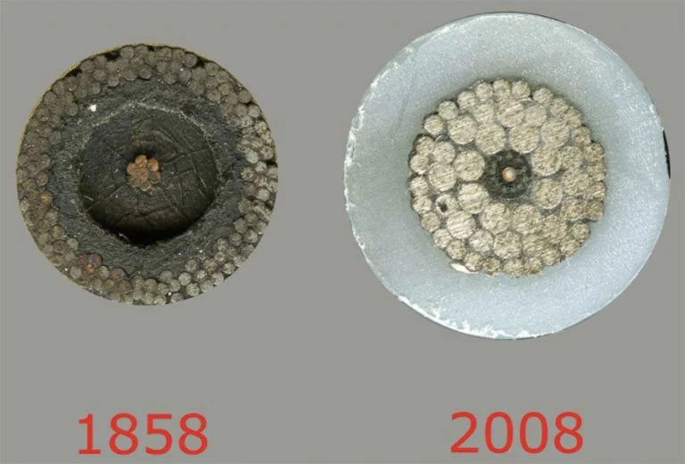 imagem de cabos submarinos de 1858 e 2008