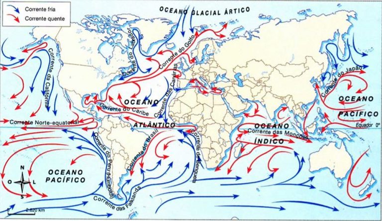mapa mundi com as correntes marinhas