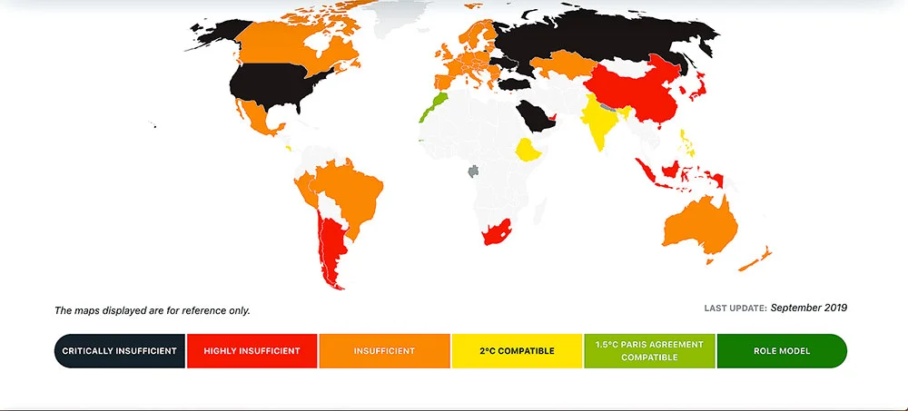 Mapa mundi mostra países e suas metas do acordo de Paris