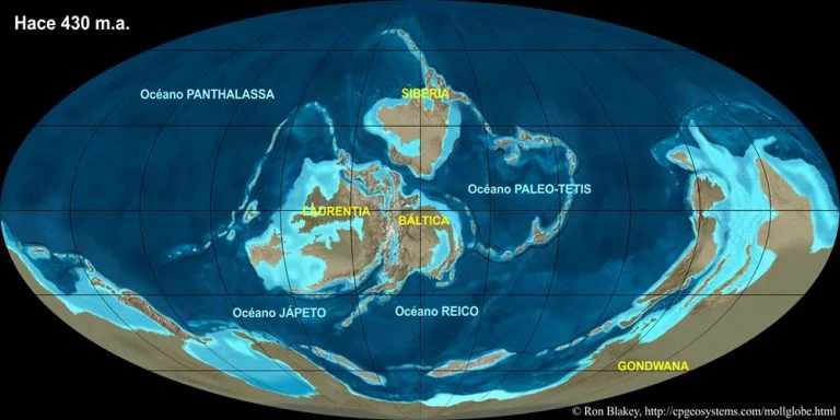 imagem de mapa mundi há cerca de 400 milhões de anos