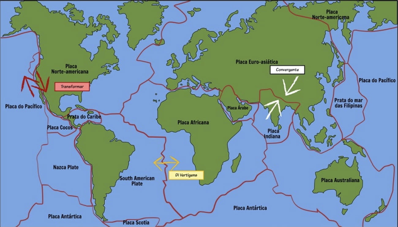 infográfico mostra zonas de convergência de placas tectónicas
