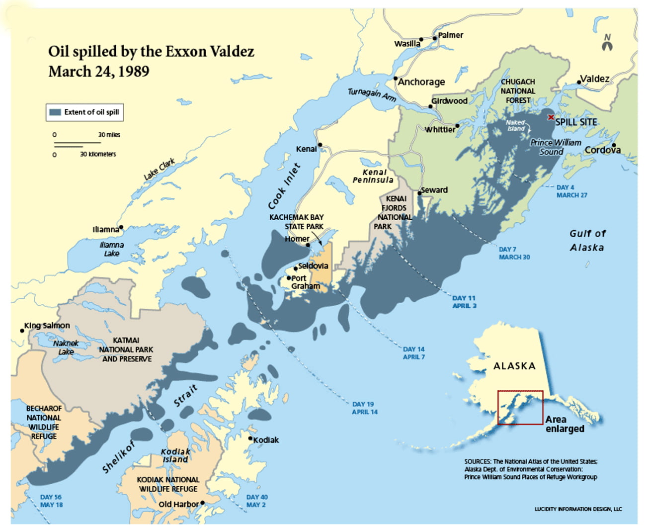 mapa do Alasca com acidente do Exxon Valdez