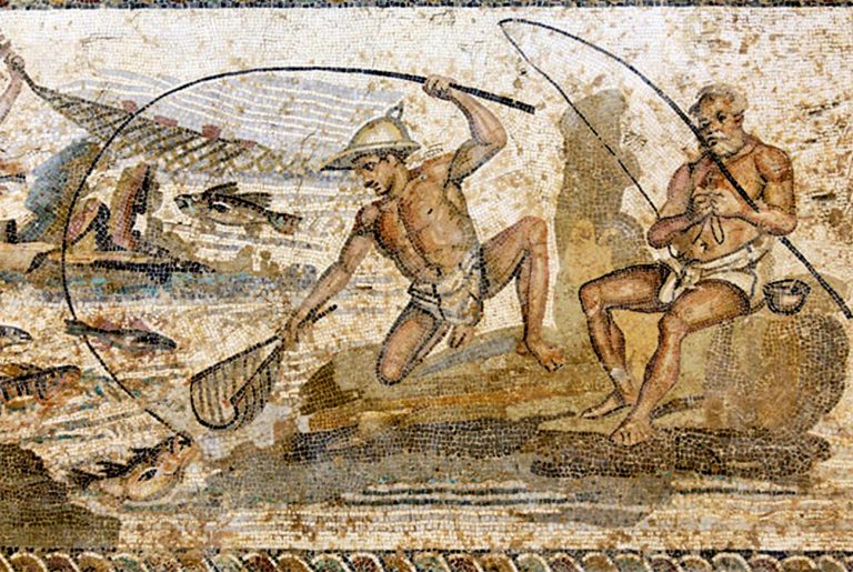 imagem de mosaico romano sobre pesca no século II