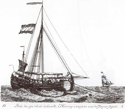 desenho de navio de pesca holandês do século 18