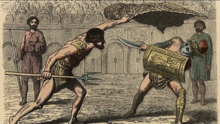 desenho de gladiadores lutando com redes e tridentes