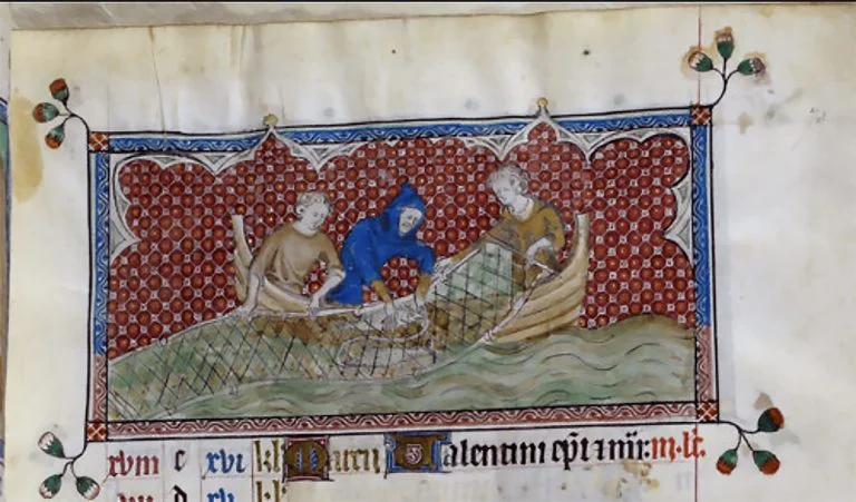 desenho de três homens pescando em um barco estilo viking 