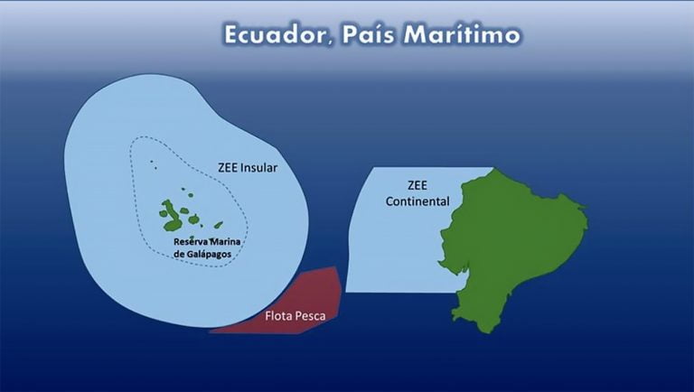 Ilustração mostra frota pesqueira da China encurralado entre a ZZE do Equador e a reserva marinha de Galápagos