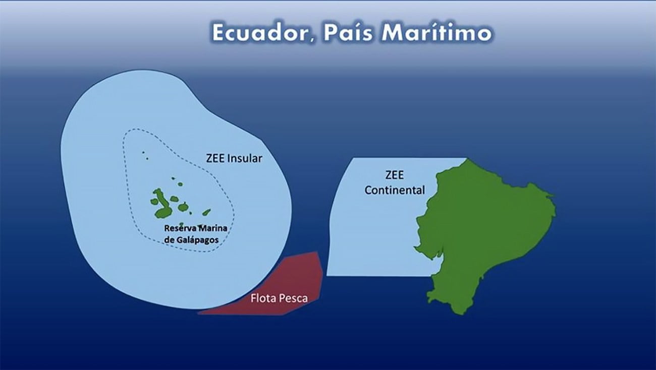 Ilustração mostra frota pesqueira da China encurralado entre a ZZE do Equador e a reserva marinha de Galápagos