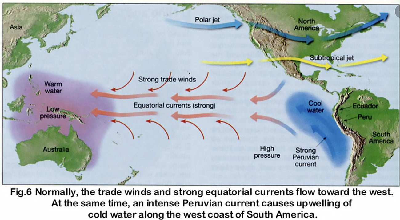infográfico mostra o sentidos dos ventos no Pacífico