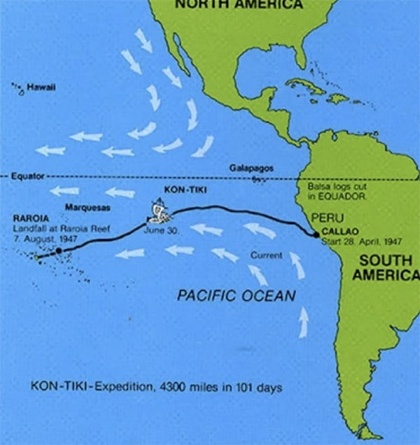 mapa com rota da jangada Kon-Tiki