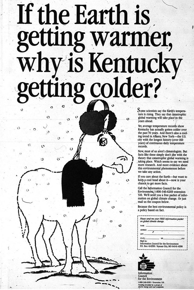 anuncio em jornal do Kentucky negava o aquecimento global