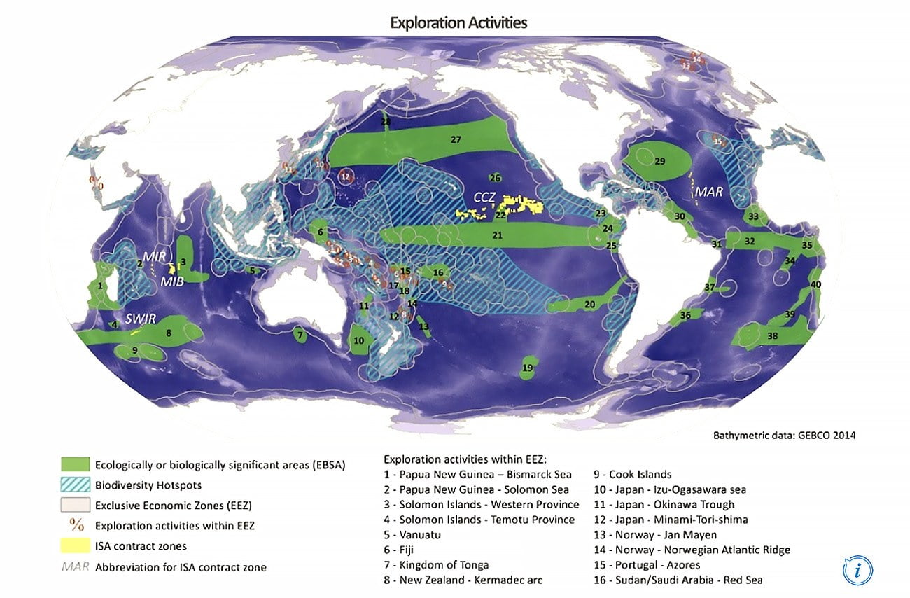 mapa mostra locais de mineração submarina
