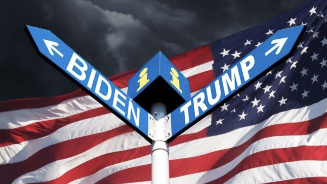 imagem de bandeira americana com os nomes de Trump e Biden