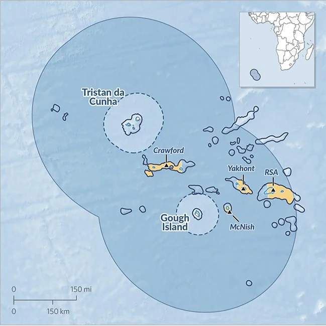 infográfico mostra área marinha protegida em Tristão da Cunha