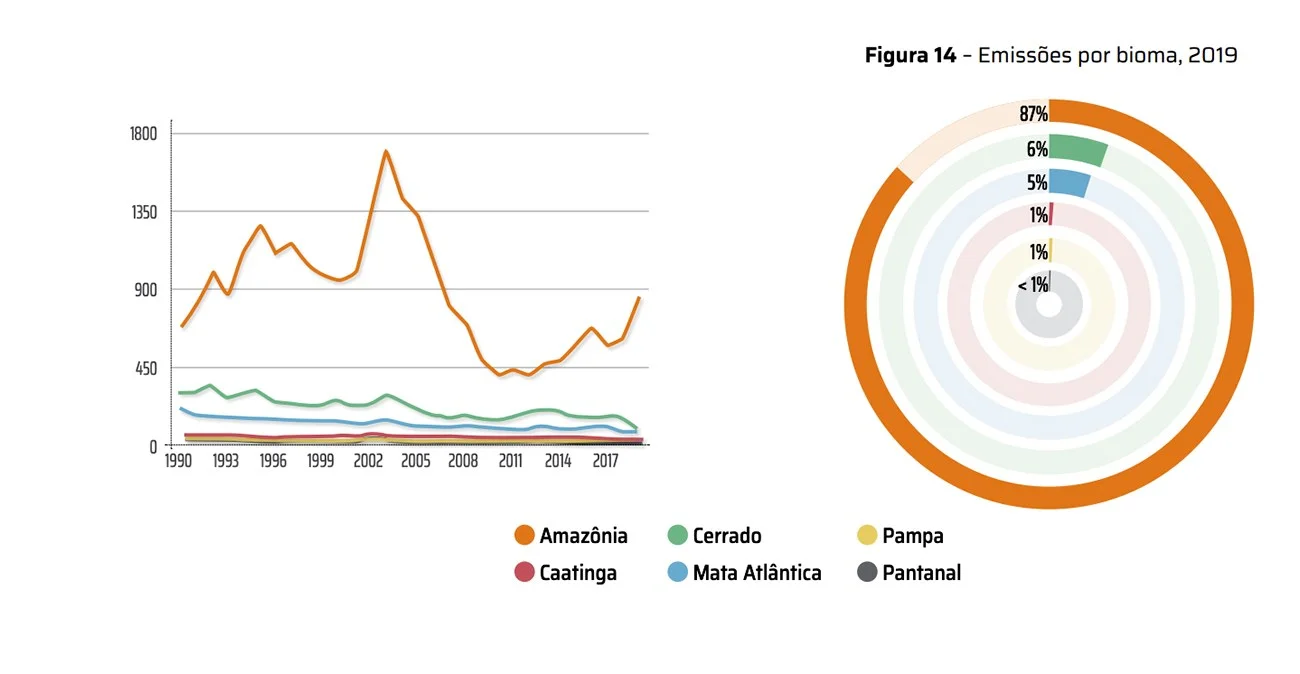 infográfico de emissões por desmatamento e respectivos biomas