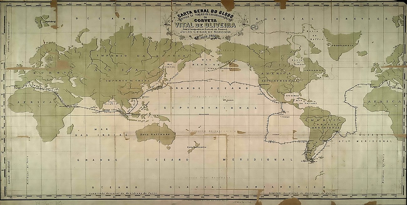 mapa antigo mostra a derrota da Vital de Oliveira na Primeira circum-navegação brasileira