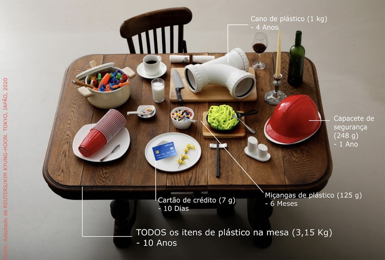 imagem mostra teias alimentar do ser humano e microplásticos