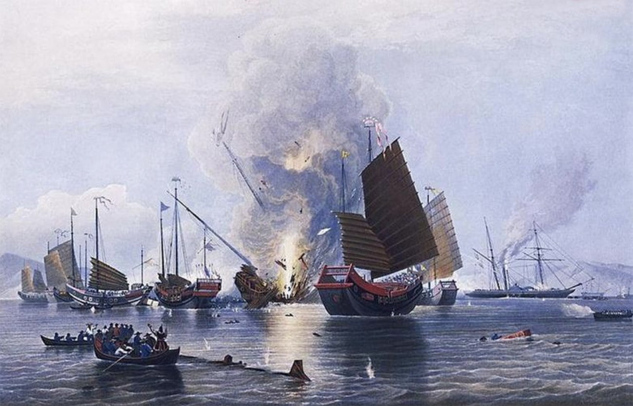 gravura de batalha naval durante a Guerra do Ópio