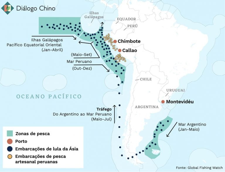 Infográfico mostra rota da frota de pesca da China no Atlântico e Pacífico Sul.
