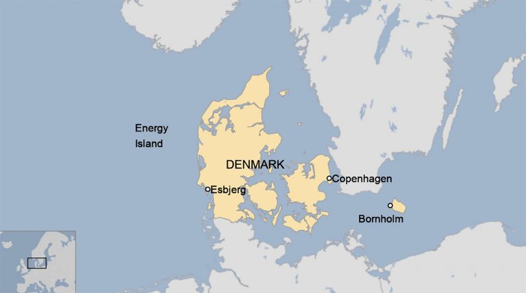 Mapa de local da ilha artificial da Dinamarca