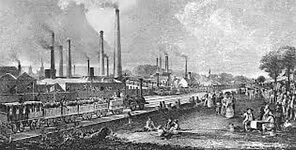 Desenho mostra fábricas da revolução industrial