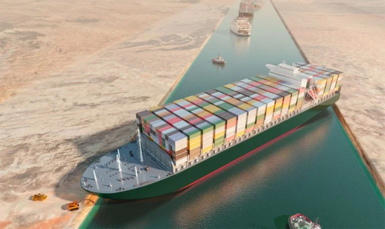 Imagem do navio Ever Given bloqueando o canal de Suez