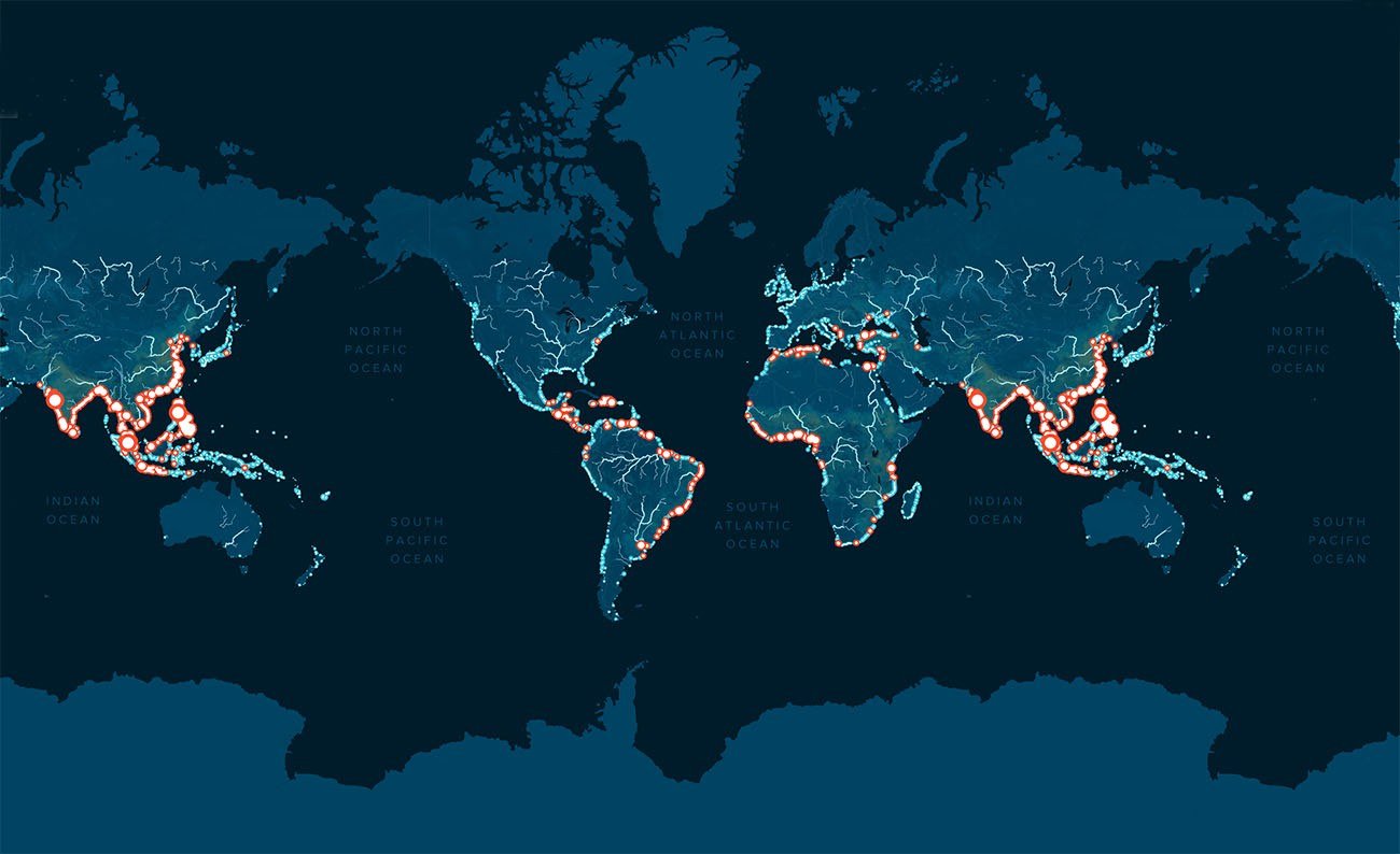 Mapa mundi destaca rios que mais levam plástico aos oceanos