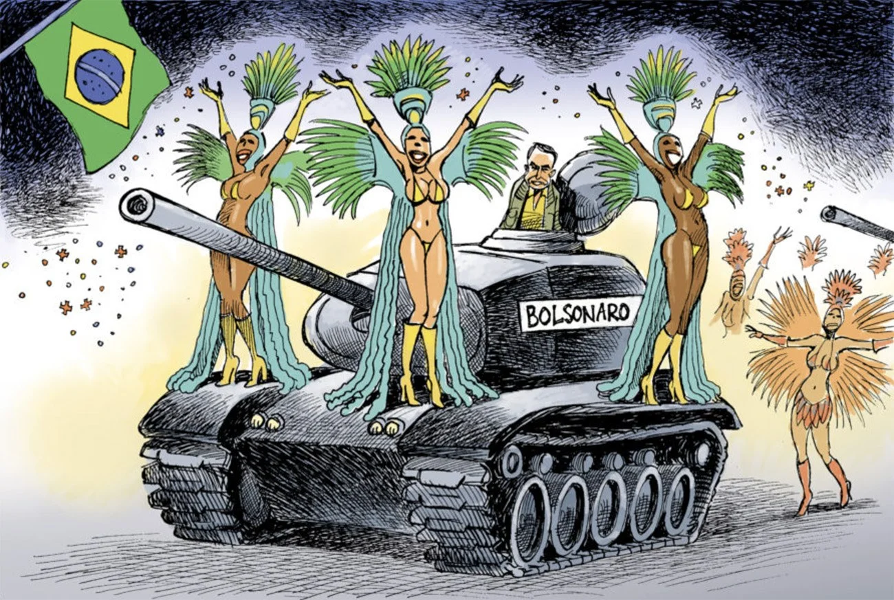 Ilustração mostra Bolsonaro em tanque de guerra