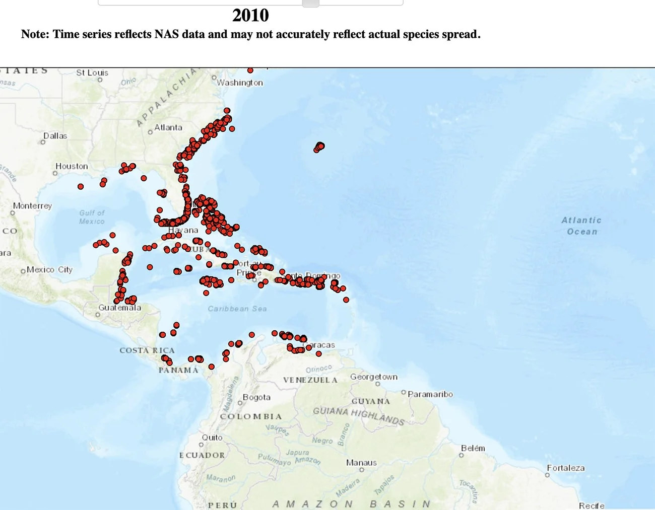 mapa mostra dispersão do peixe-leão em 2010
