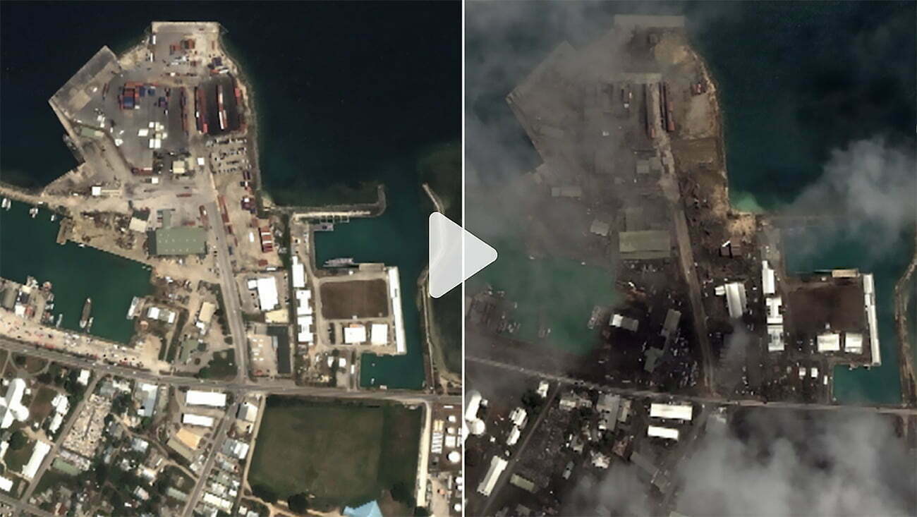 Porto de Tonga antes e depois da erupção
