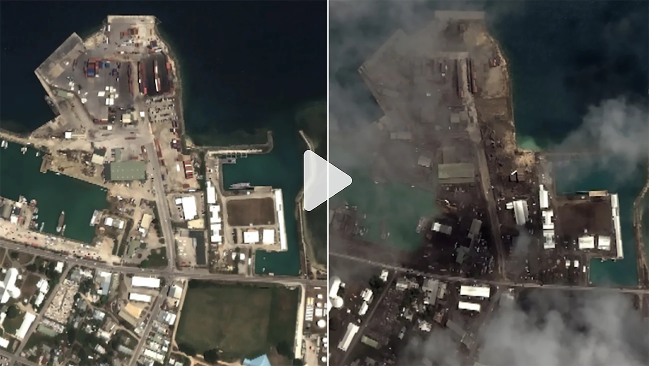 Porto de Tonga antes e depois da erupção
