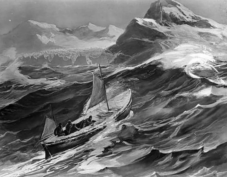 Ilustração da travessia do James Caird, a saga de Ernest Shackleton