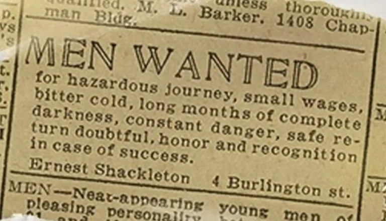 Anúncio de jornal em que Shackleton busco homens para a viagem do Endurance