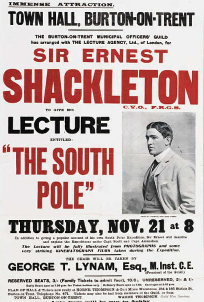 cartaz de palestra de Shackleton em Londres.