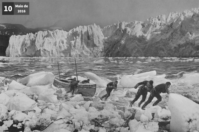 Ilustração mostra chegada de Shackleton na Geórgia do Sul na saga de Ernest Shackleton