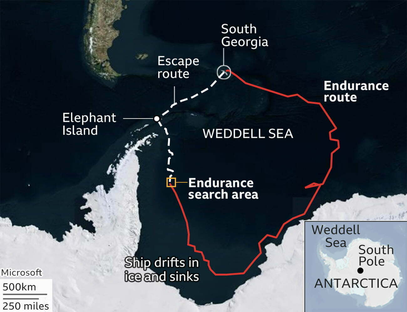 Mapa da viagem do Endurance de Ernest Shackleton
