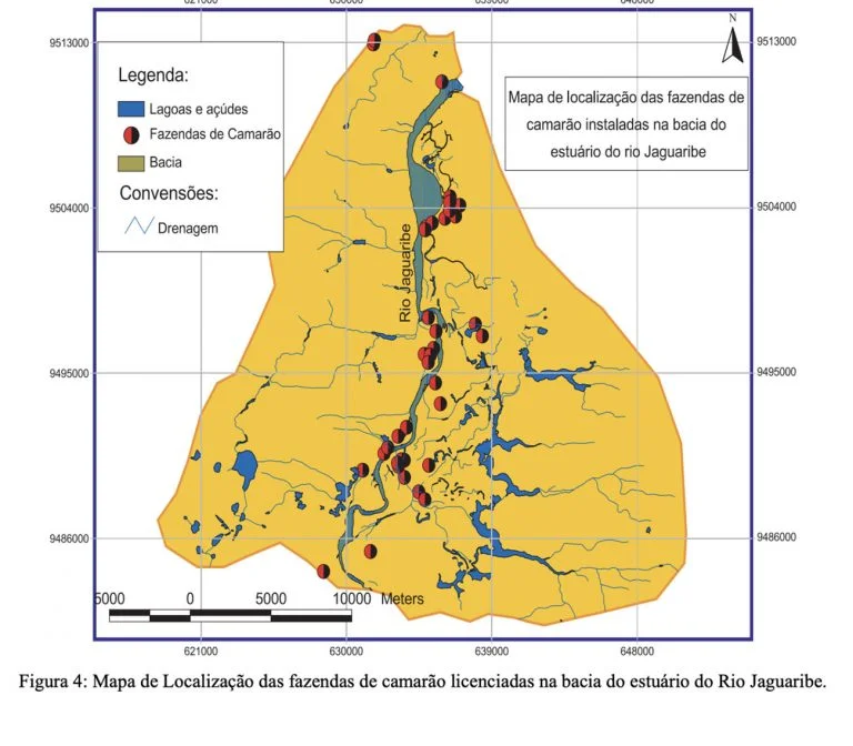mapa da carcinicultura na foz do Rio Jaguaribe