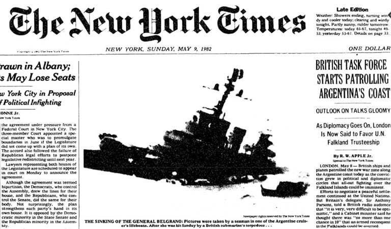 Capa do New York Times: afundamento do navio General Belgrano