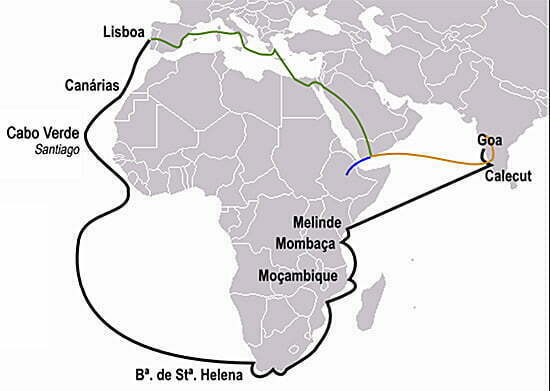 mapa da viagem de Vasco da Gama
