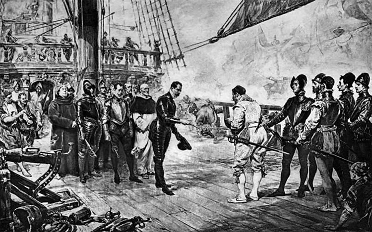 Francis Drake aceitando a rendição de Pedro de Valdes no galeão Nuestra Senora del Rosario.