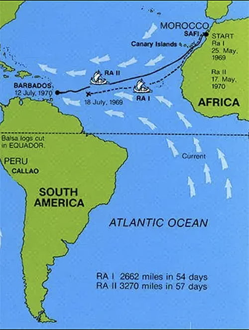 Mapa das viagens do Ra I e Ra II 