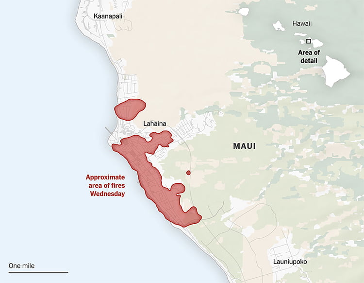 Mapa dos incêndios em Maui.